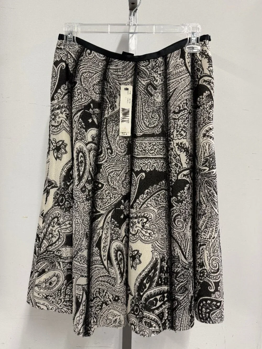 NWT Ellen Tracy 100% Silk Black White Paisley A-Line Midi Skirt Women's Size 2